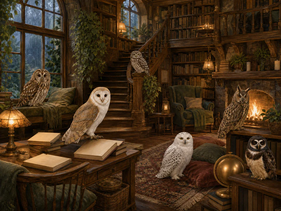 Festive Owls in the Library, an illustrated cats & animals jigsaw puzzle scene