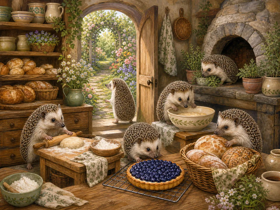 Festive Hedgehog Bakery, an illustrated cats & animals jigsaw puzzle scene