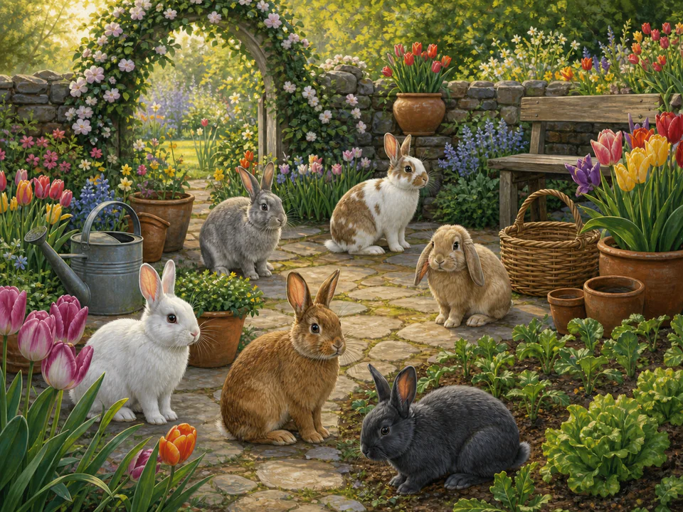 Tiny Garden Rabbits, an illustrated cats & animals jigsaw puzzle scene
