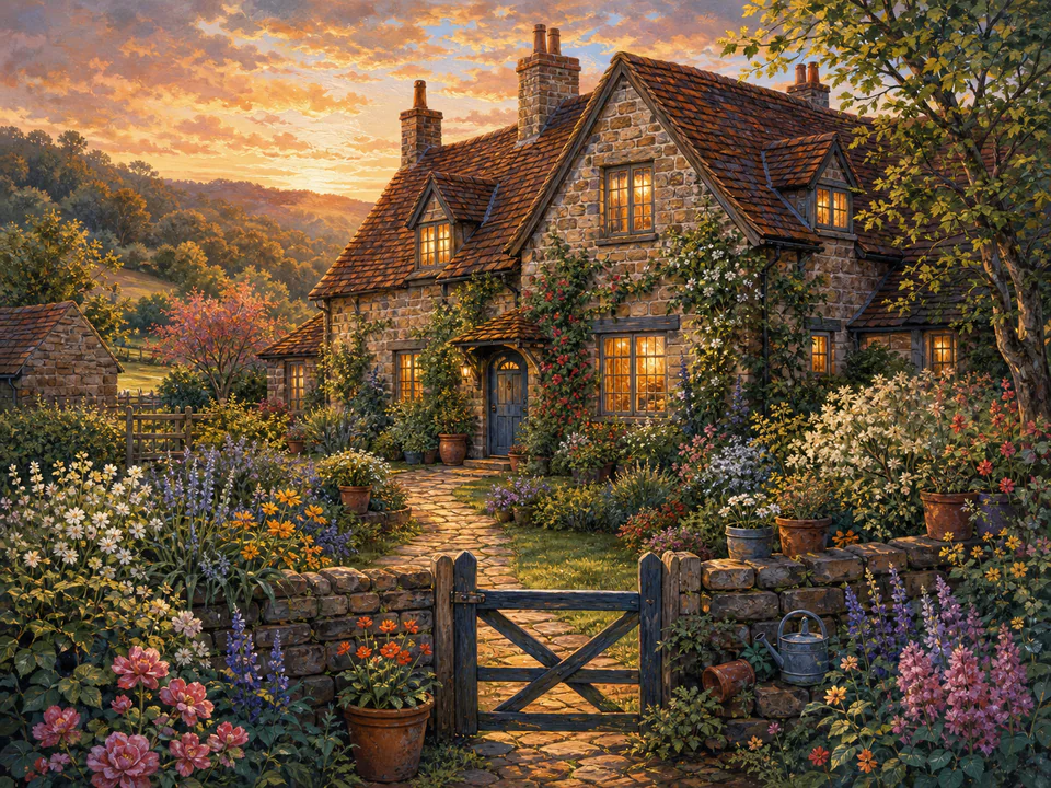 Amber Cottage at Dawn, an illustrated cozy cottages jigsaw puzzle scene