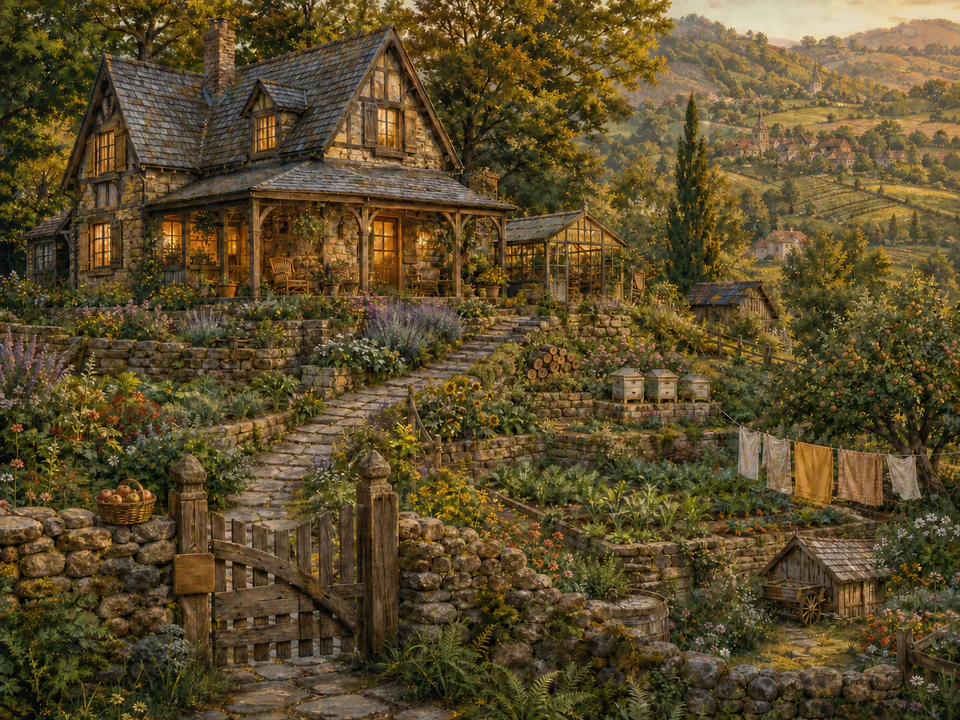 Amber Hilltop Home, an illustrated cozy cottages jigsaw puzzle scene