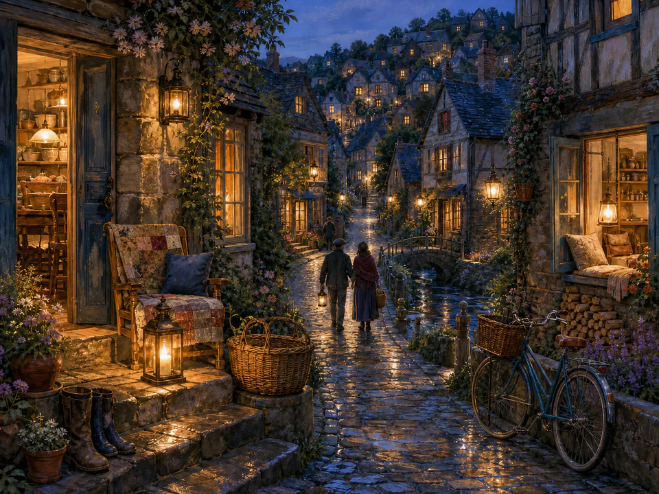 Quiet Lantern Lane, an illustrated cozy cottages jigsaw puzzle scene