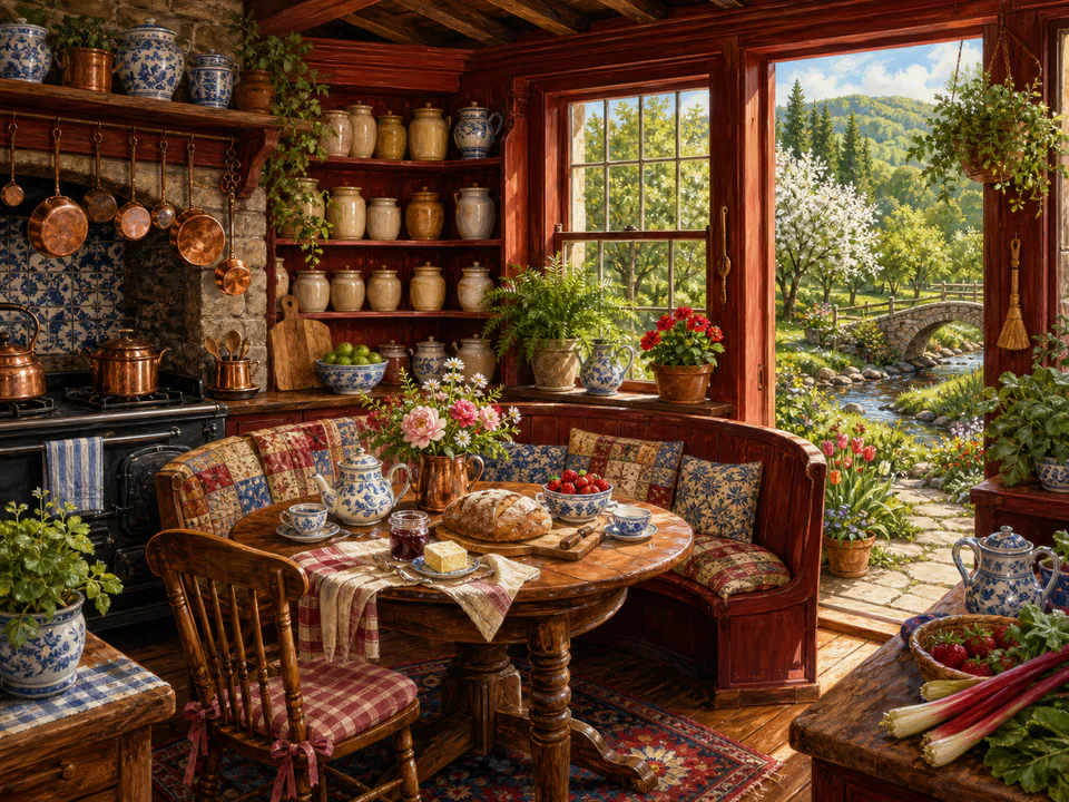 Rosewood Kitchen Nook, an illustrated cozy cottages jigsaw puzzle scene