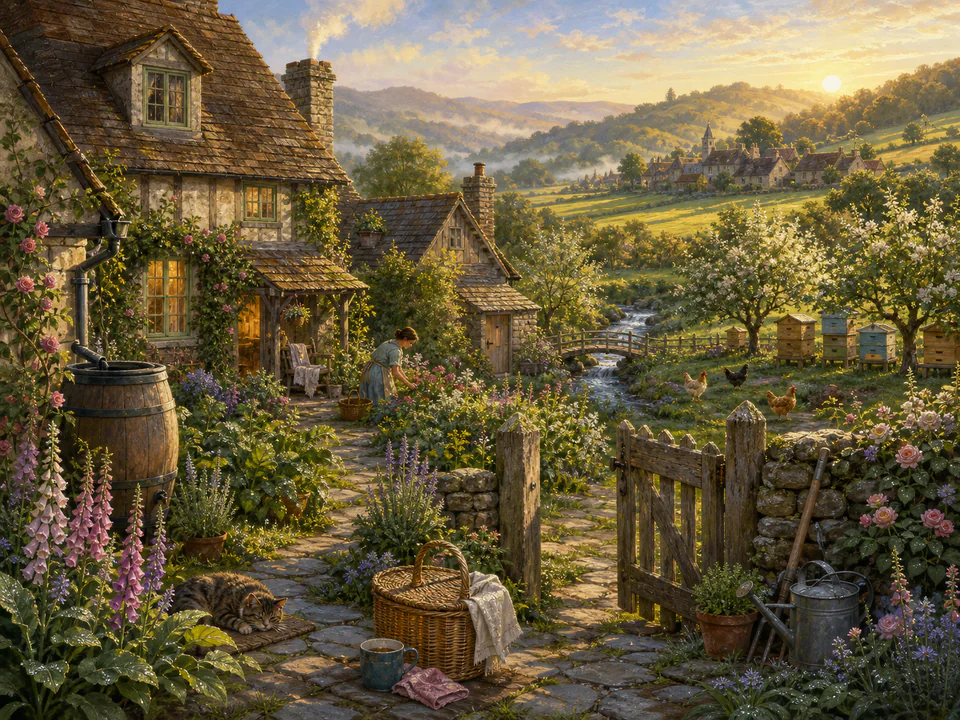 Sunlit Cottage at Dawn, an illustrated cozy cottages jigsaw puzzle scene