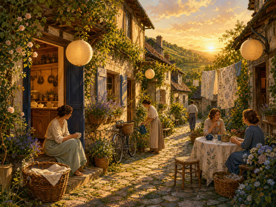 Sunlit Lantern Lane, an illustrated cozy cottages jigsaw puzzle scene