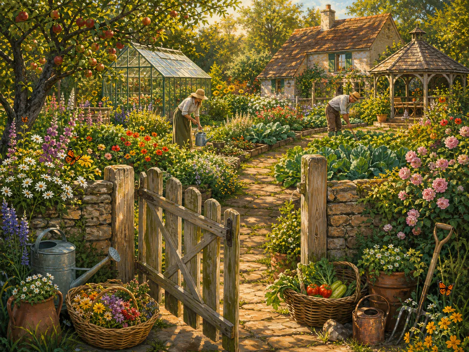 Sunlit Garden Gate, an illustrated cozy cottages jigsaw puzzle scene