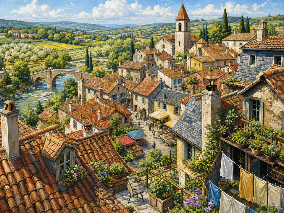 Sunlit Village Roofs, an illustrated cozy cottages jigsaw puzzle scene