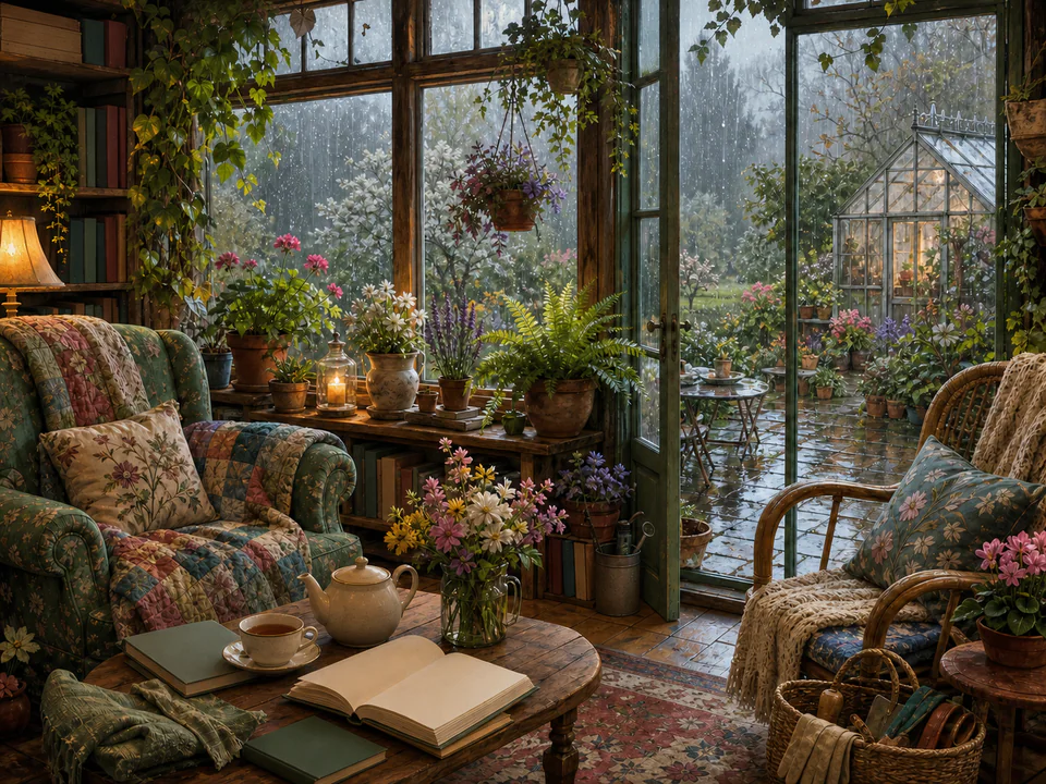 Rainy Window Garden, an illustrated cozy cottages jigsaw puzzle scene