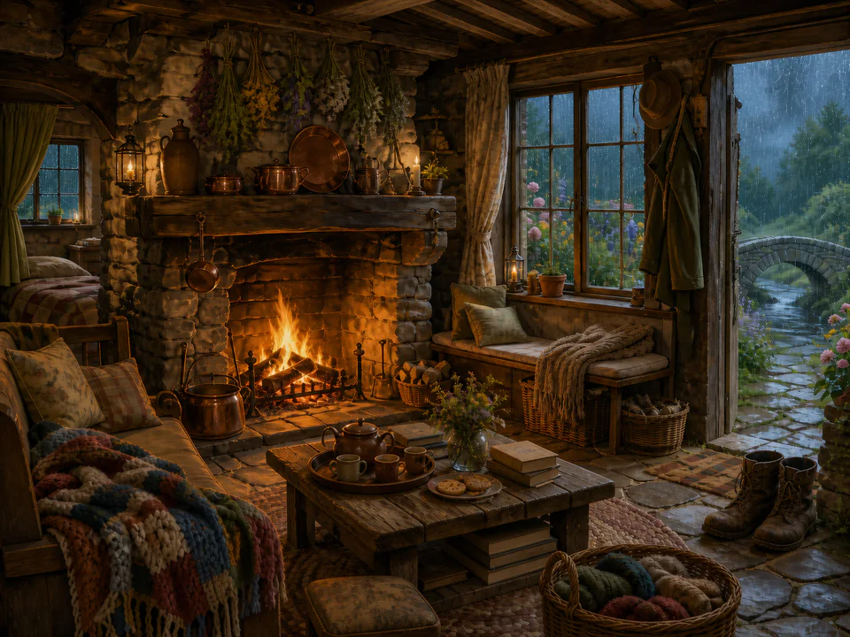Rainy Stone Hearth, an illustrated cozy cottages jigsaw puzzle scene