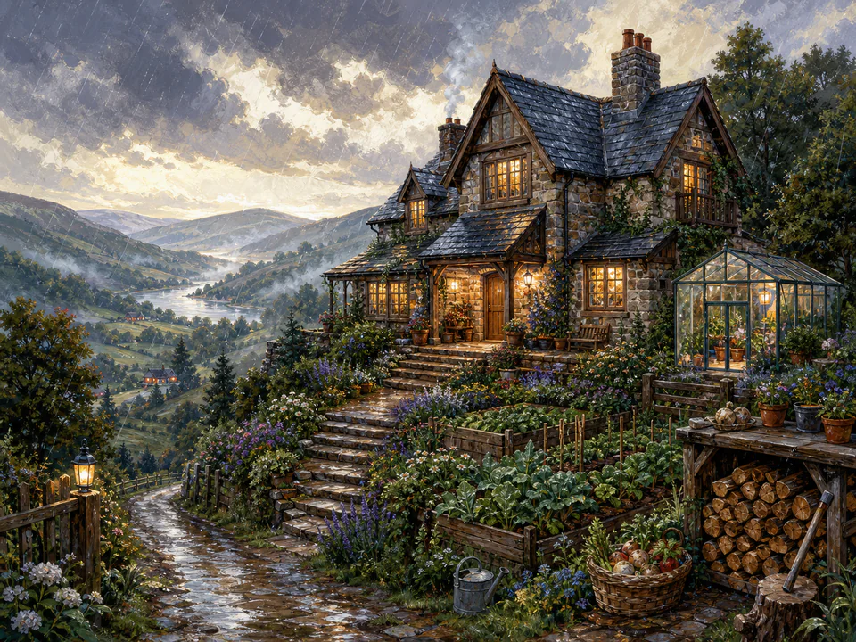 Rainy Hilltop Home, an illustrated cozy cottages jigsaw puzzle scene