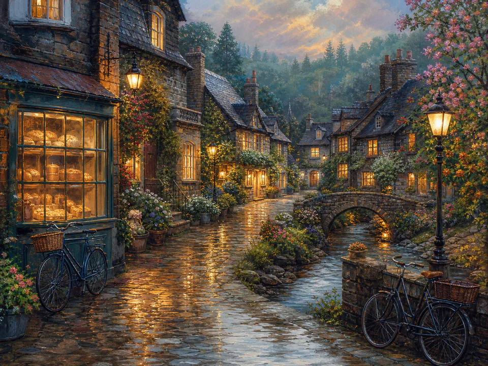 Rainy Lantern Lane, an illustrated cozy cottages jigsaw puzzle scene