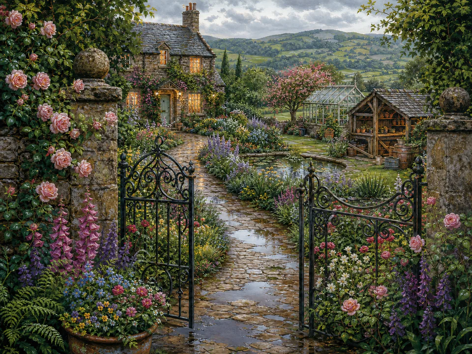 Rainy Garden Gate, an illustrated cozy cottages jigsaw puzzle scene