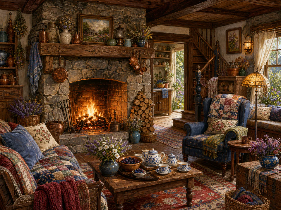 Hearthside Stone Hearth, an illustrated cozy cottages jigsaw puzzle scene