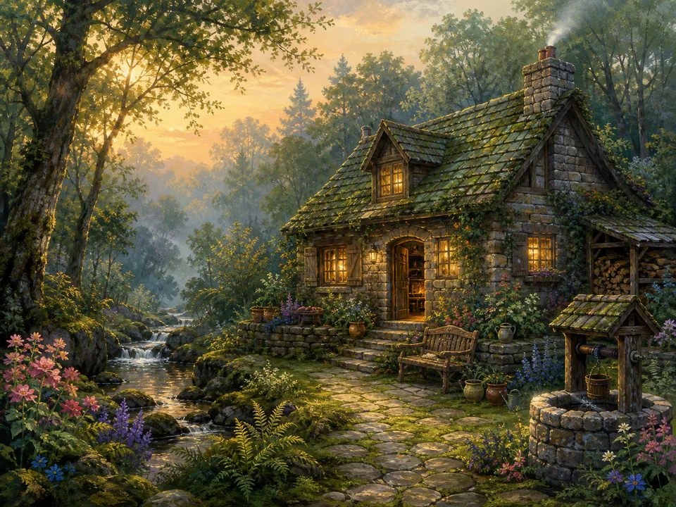 Mossy Cottage at Dawn, an illustrated cozy cottages jigsaw puzzle scene