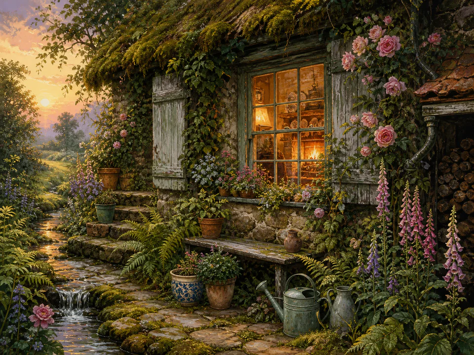 Mossy Window Garden, an illustrated cozy cottages jigsaw puzzle scene