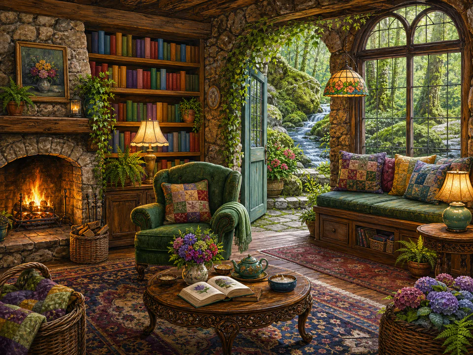 Mossy Reading Room, an illustrated cozy cottages jigsaw puzzle scene