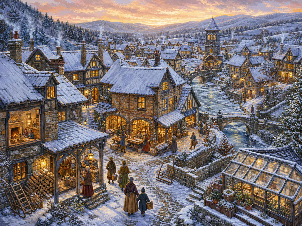 Mossy Village Roofs, an illustrated cozy cottages jigsaw puzzle scene