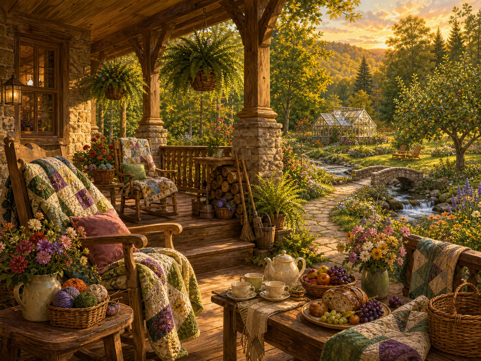 Golden Woodland Porch, an illustrated cozy cottages jigsaw puzzle scene