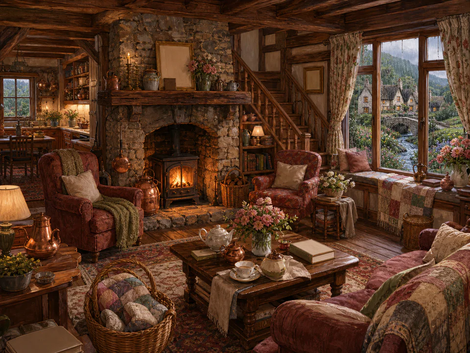 Twilight Stone Hearth, an illustrated cozy cottages jigsaw puzzle scene