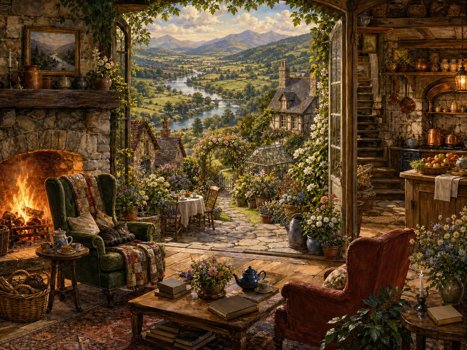 Twilight Hilltop Home, an illustrated cozy cottages jigsaw puzzle scene