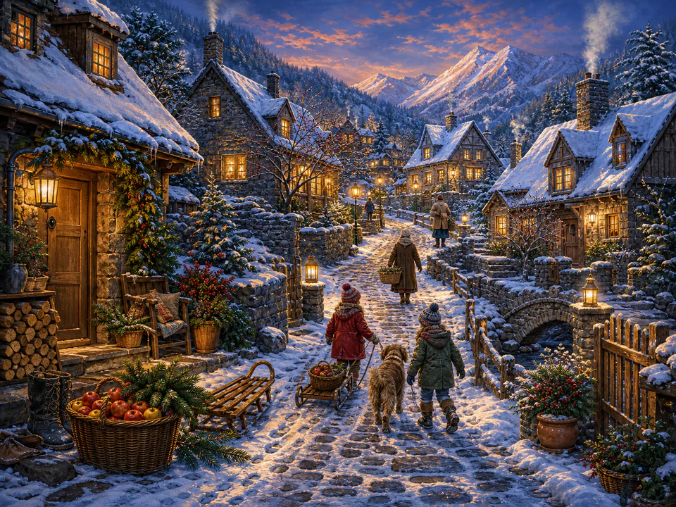 Snowy Lantern Lane, an illustrated cozy cottages jigsaw puzzle scene