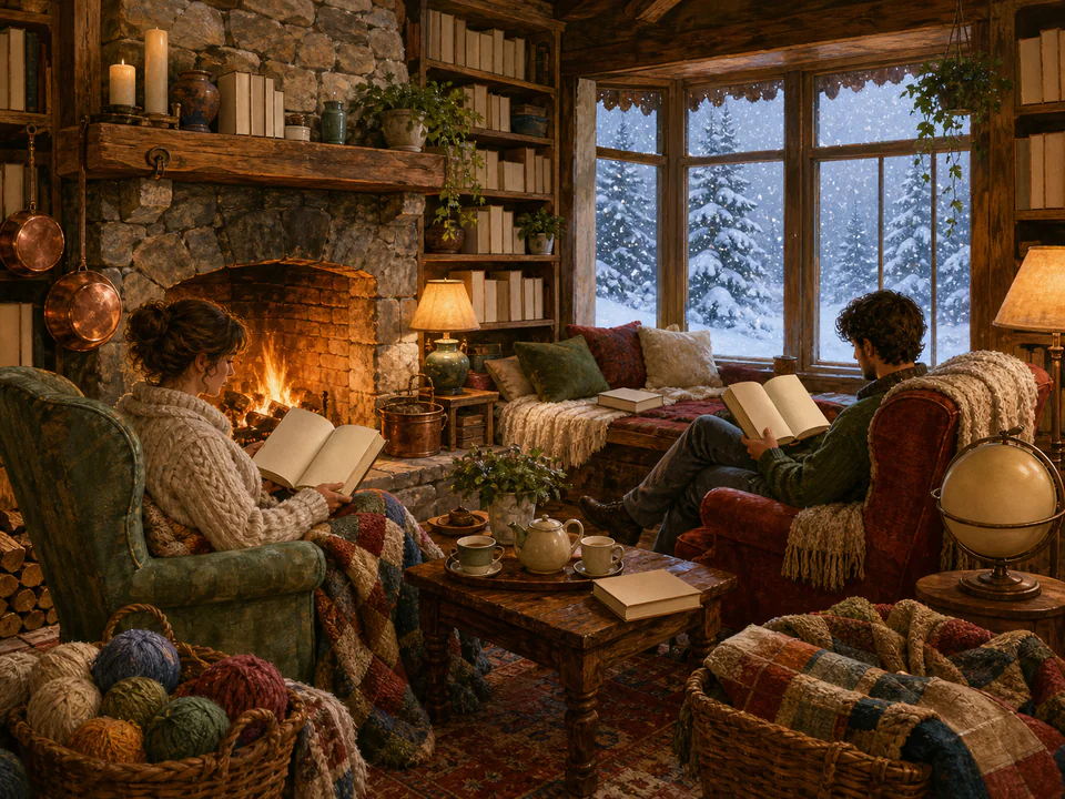 Snowy Reading Room, an illustrated cozy cottages jigsaw puzzle scene