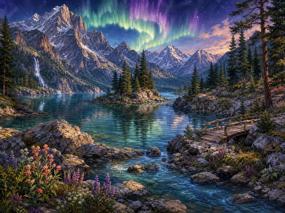 Aurora Mountain Lake, an illustrated dream landscapes jigsaw puzzle scene