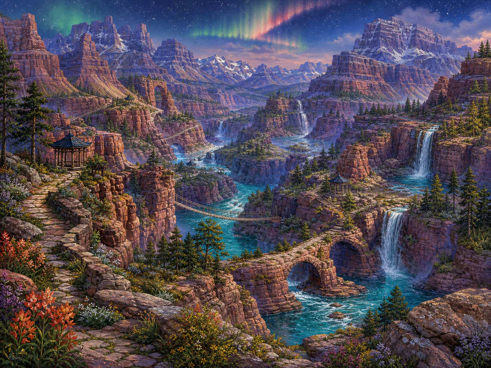 Aurora River Canyon, an illustrated dream landscapes jigsaw puzzle scene