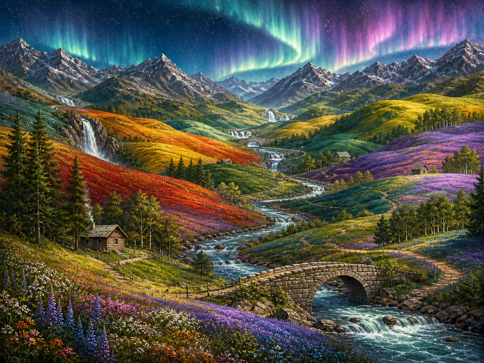 Aurora Rainbow Hills, an illustrated dream landscapes jigsaw puzzle scene
