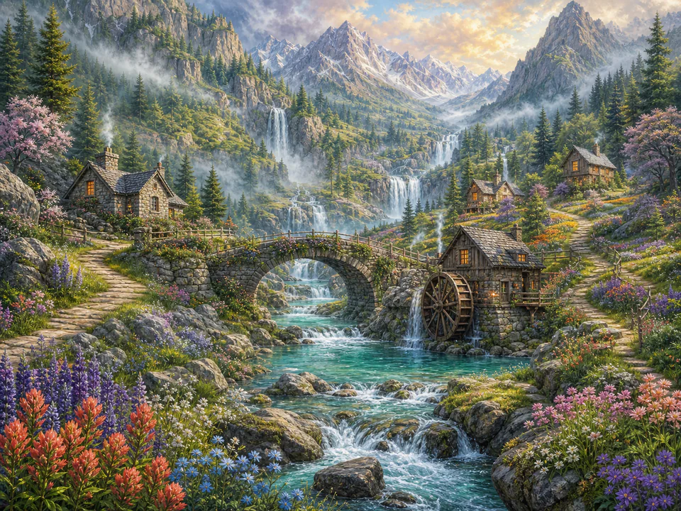 Misty Waterfall Valley, an illustrated dream landscapes jigsaw puzzle scene