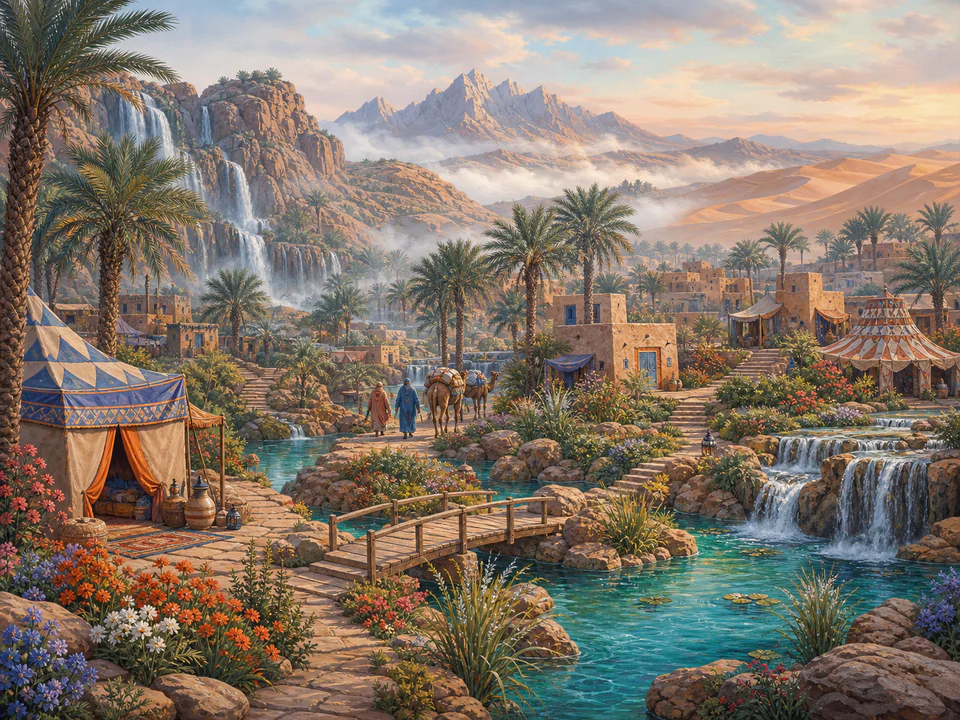 Misty Desert Oasis, an illustrated dream landscapes jigsaw puzzle scene