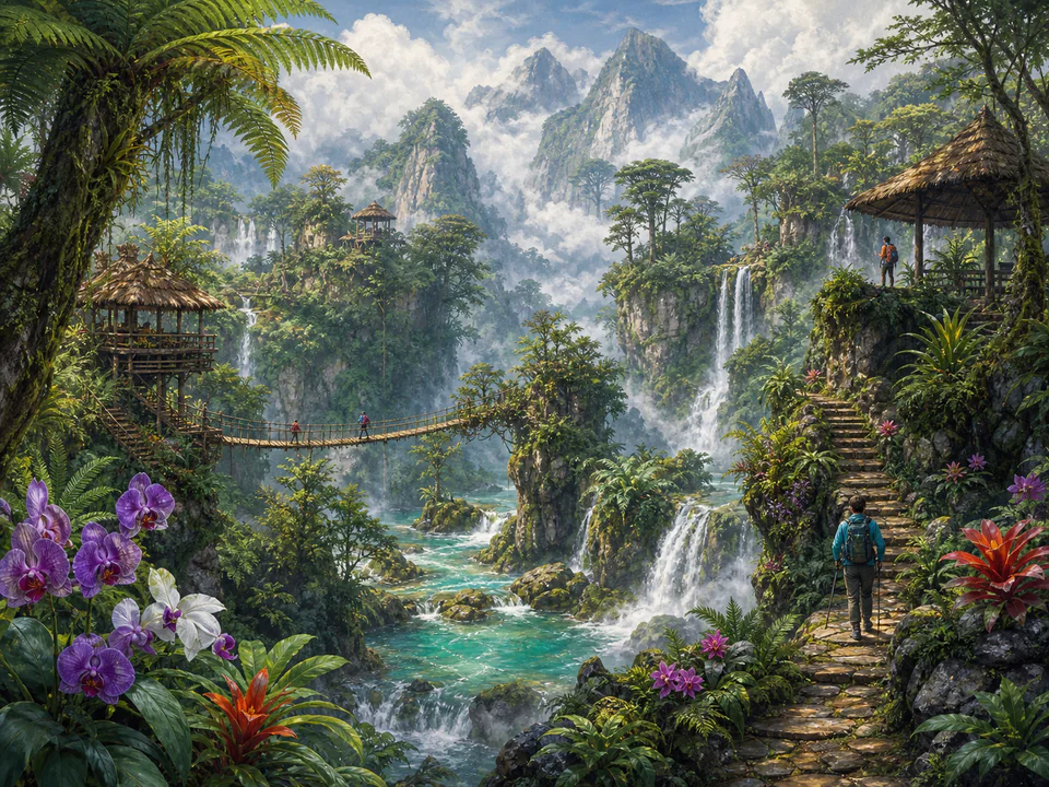 Misty Cloud Forest, an illustrated dream landscapes jigsaw puzzle scene