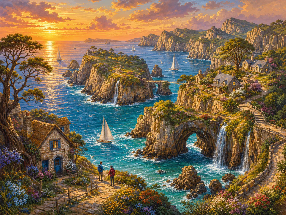 Golden Island Cliffs, an illustrated dream landscapes jigsaw puzzle scene
