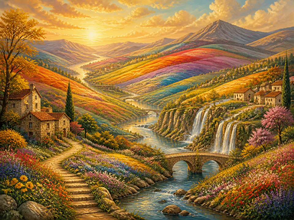 Golden Rainbow Hills, an illustrated dream landscapes jigsaw puzzle scene