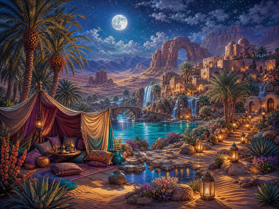 Moonlit Desert Oasis, an illustrated dream landscapes jigsaw puzzle scene