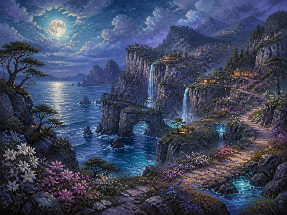 Moonlit Island Cliffs, an illustrated dream landscapes jigsaw puzzle scene