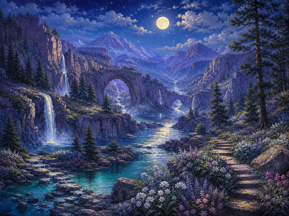 Moonlit River Canyon, an illustrated dream landscapes jigsaw puzzle scene