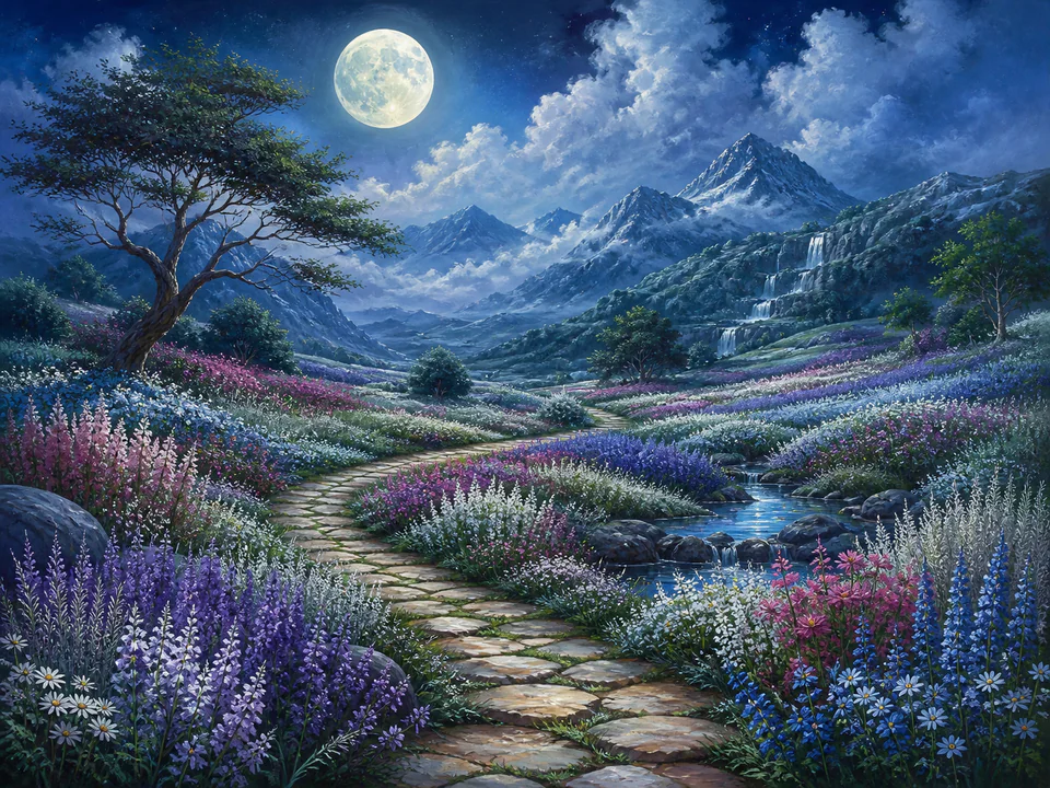 Moonlit Meadow Path, an illustrated dream landscapes jigsaw puzzle scene