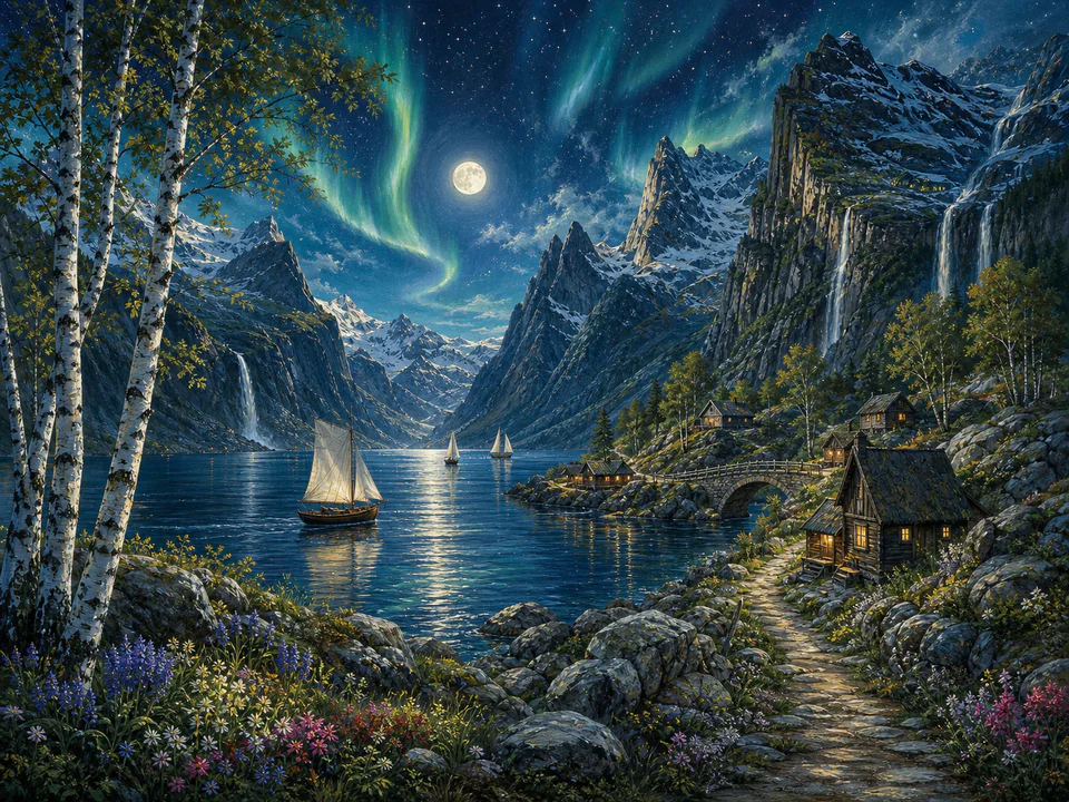 Moonlit Northern Fjord, an illustrated dream landscapes jigsaw puzzle scene
