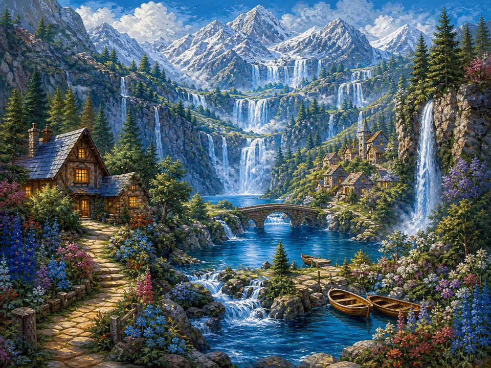 Sapphire Waterfall Valley, an illustrated dream landscapes jigsaw puzzle scene
