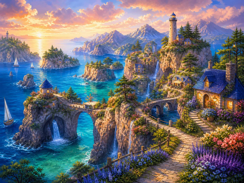 Sapphire Island Cliffs, an illustrated dream landscapes jigsaw puzzle scene