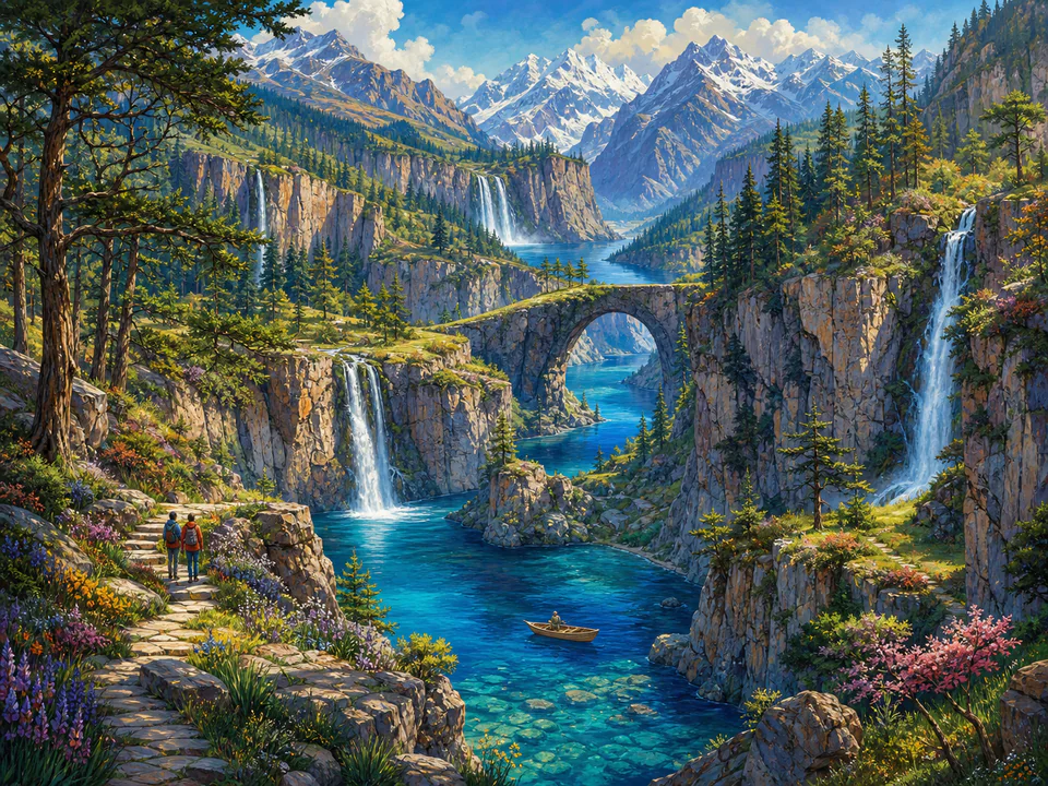 Sapphire River Canyon, an illustrated dream landscapes jigsaw puzzle scene