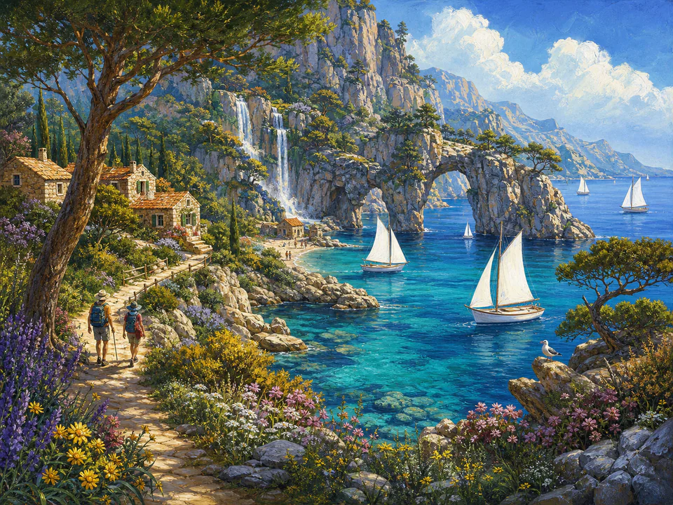 Sapphire Hidden Bay, an illustrated dream landscapes jigsaw puzzle scene