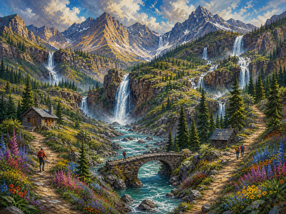 Wild Waterfall Valley, an illustrated dream landscapes jigsaw puzzle scene
