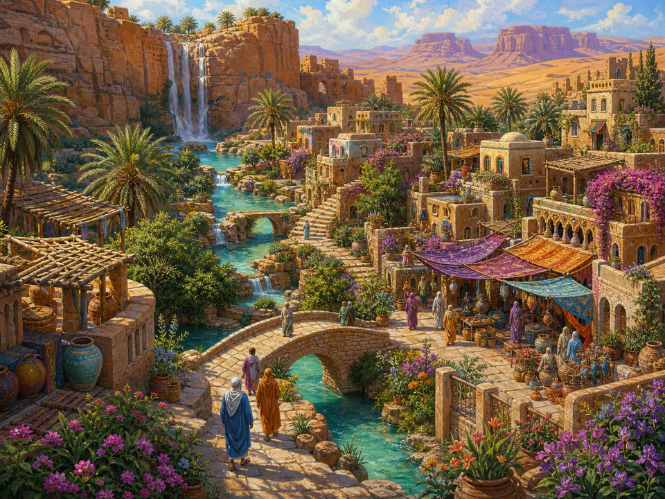 Wild Desert Oasis, an illustrated dream landscapes jigsaw puzzle scene