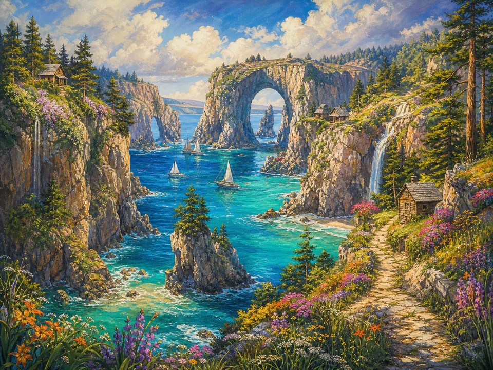 Wild Hidden Bay, an illustrated dream landscapes jigsaw puzzle scene