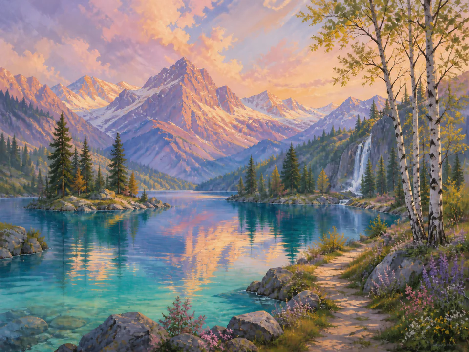 Pastel Mountain Lake, an illustrated dream landscapes jigsaw puzzle scene