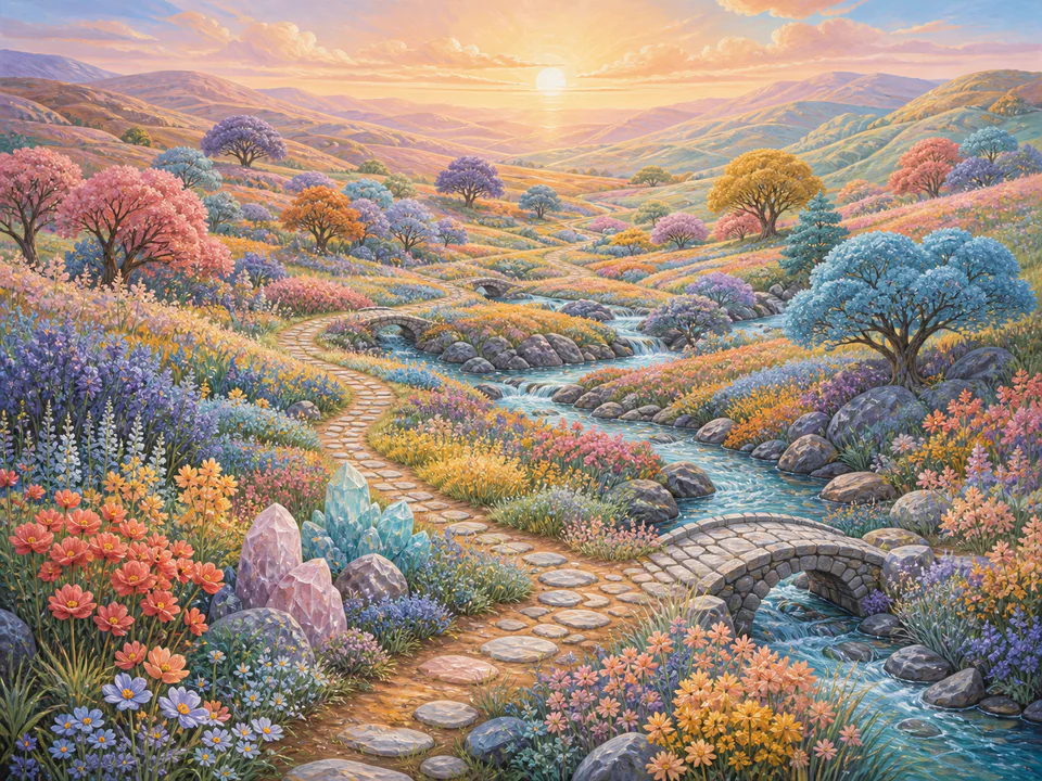 Pastel Meadow Path, an illustrated dream landscapes jigsaw puzzle scene