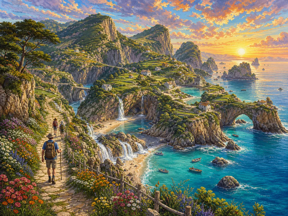 Dawn Island Cliffs, an illustrated dream landscapes jigsaw puzzle scene