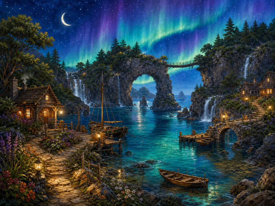 Dawn Hidden Bay, an illustrated dream landscapes jigsaw puzzle scene